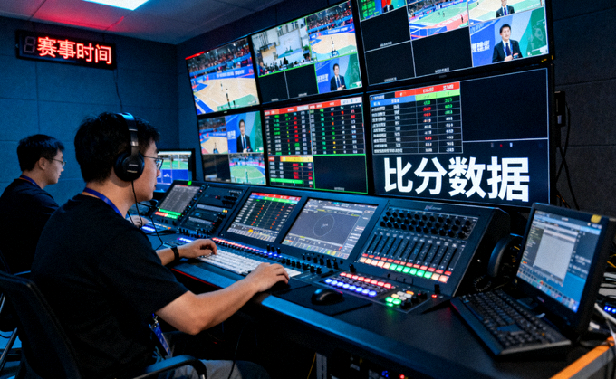 体育赛事直播导播间画面，多路信号与比分数据同步呈现